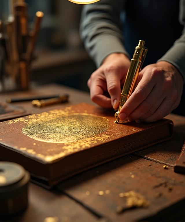 Dłonie rzemieślnika pracujące nad złotymi zdobieniami grzbietu książki