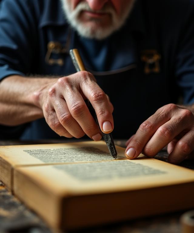 Ręce introligatora pracujące nad zabytkową księgą